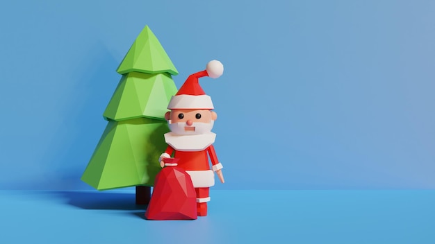 Illustrazione stilizzata di buon Natale 3d. Babbo Natale con la borsa dei regali in piedi vicino al pino.