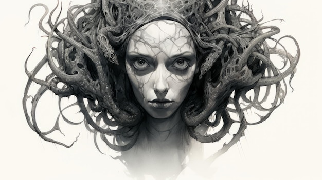 Illustrazione stranamente realistica di una signora con i capelli intrecciati e una creatura lovecraftiana