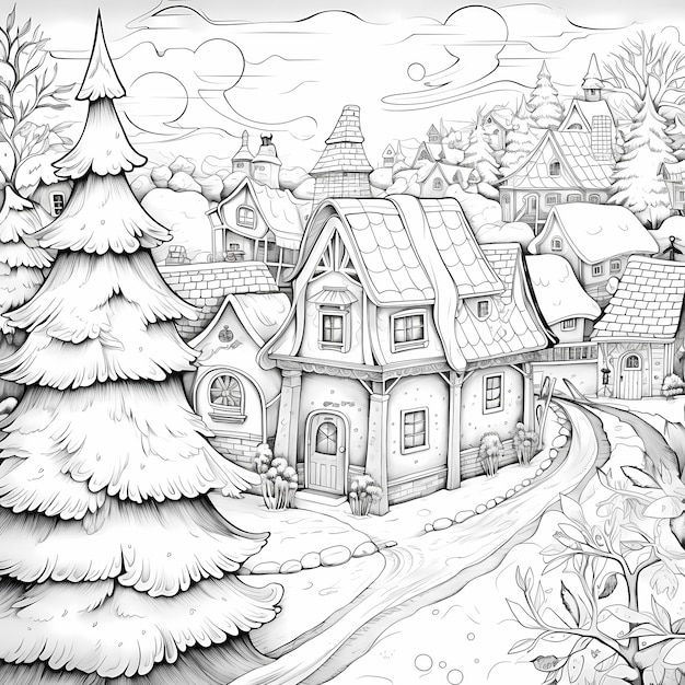 Illustrazione stravagante di un villaggio natalizio con alberi, luci, pattinaggio su ghiaccio, Babbo Natale