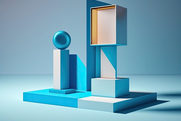 Illustrazione su un podio con geometria semplice per la presentazione del prodotto e sfondo blu