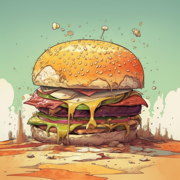 Illustrazione succosa dell'hamburger su priorità bassa astratta