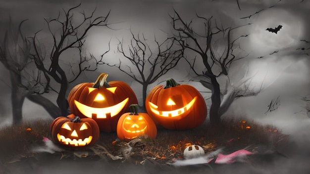 Illustrazione sul tema delle zucche di Halloween e sfondo spettrale