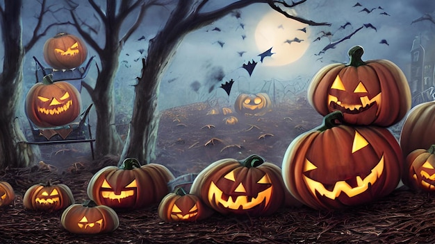 Illustrazione sul tema delle zucche di Halloween e sfondo spettrale
