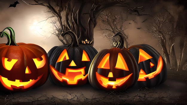 Illustrazione sul tema delle zucche di Halloween e sfondo spettrale