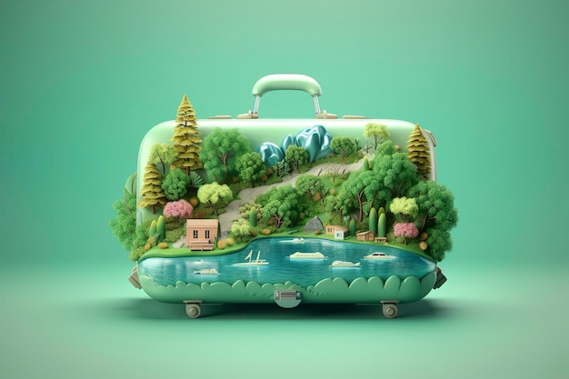 Illustrazione surreale del paesaggio 3D di un fiume nella foresta con bagagli in verde chiaro e azzurro Generativo AI