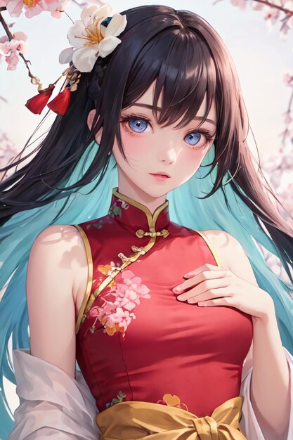 Illustrazione sveglia del fondo della carta da parati della bella ragazza del costume del cheongsam di stile cinese del anime del fumetto