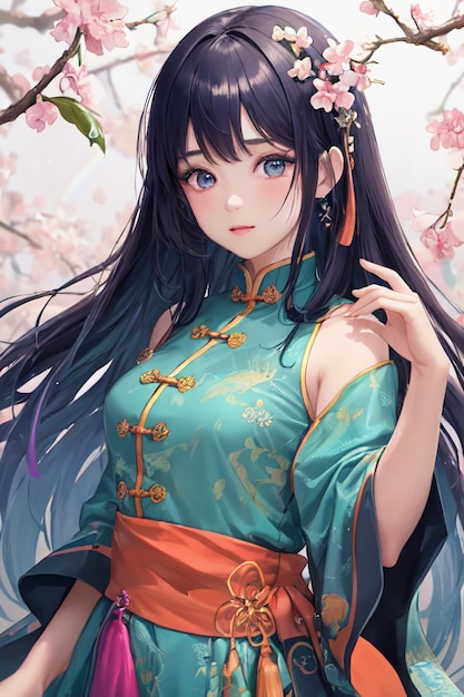 Illustrazione sveglia del fondo della carta da parati della bella ragazza del costume del cheongsam di stile cinese del anime del fumetto