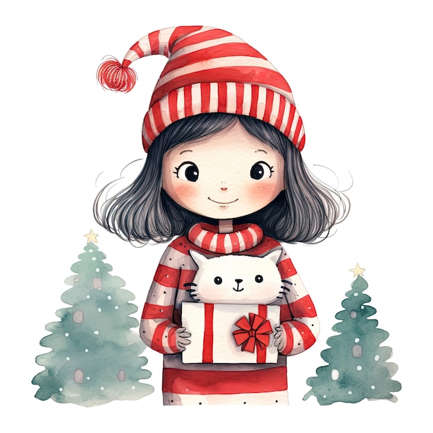Illustrazione sveglia dell'acquerello dell'albero di Natale del contenitore di regalo del gatto dell'assistente di Babbo Natale della ragazza sveglia del fumetto