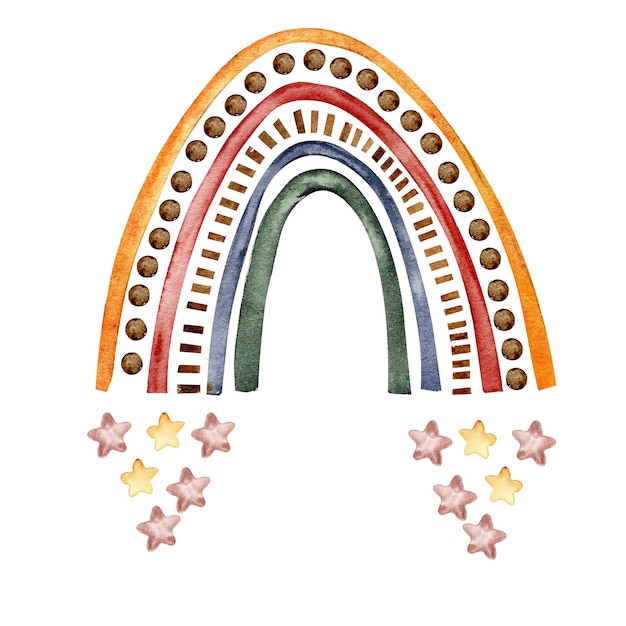 Illustrazione sveglia dell'arcobaleno e delle stelle dipinta a mano dell'acquerello