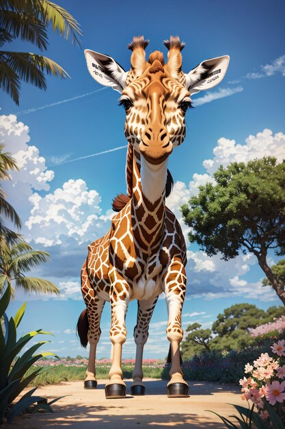 Illustrazione sveglia della giraffa con il fondo della natura