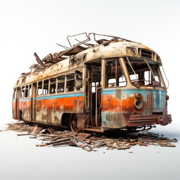 illustrazione tram scartato distrutto bruciato distrutto vetrina perfetta