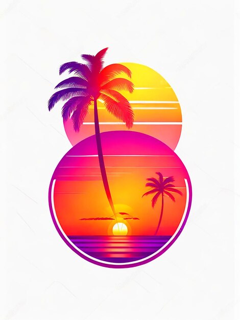illustrazione tramonto hawaiano con palme sfondo bianco solido ombra goccia colori vivaci t