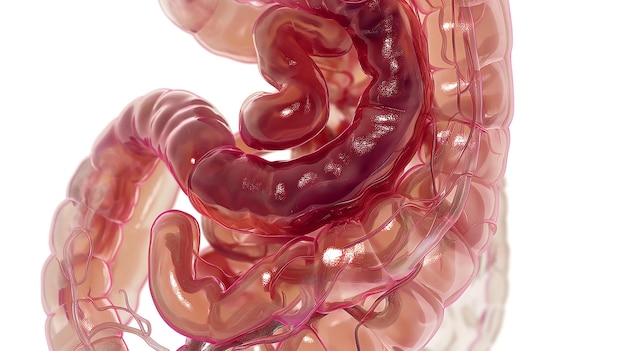 Illustrazione trasparente del tratto gastrointestinale umano con vasi sanguigni visibili