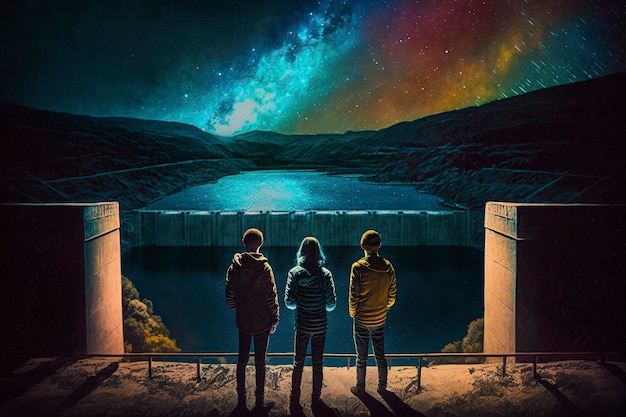 illustrazione tre giovani dall'alto che guardano il paesaggio ai generativo