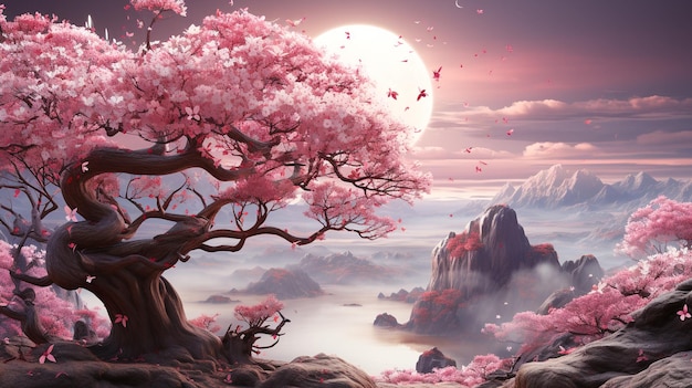 Illustrazione un albero sboccia con fiori rosa astratti vista completa