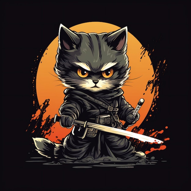 illustrazione un gatto vestito da ninja con una spada