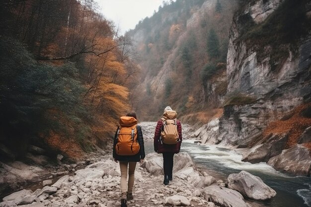 illustrazione un uomo e una donna con uno zaino che camminano in escursione ai generativo