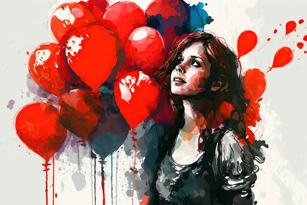 illustrazione una ragazza con palloncini rossi ai generativo