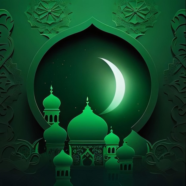Illustrazione verde che mostra una torre della moschea e una mezzaluna sullo sfondo verde Moschea come luogo di preghiera per i musulmani
