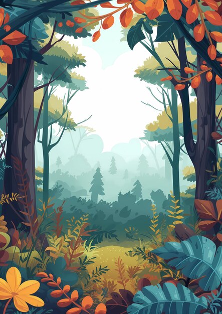 Illustrazione verticale colorata della foresta con spazio di copia