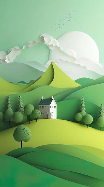 Illustrazione verticale di scena del paesaggio naturale di stile del taglio della carta della montagna del paesaggio della foresta del taglio della carta 3d verticale