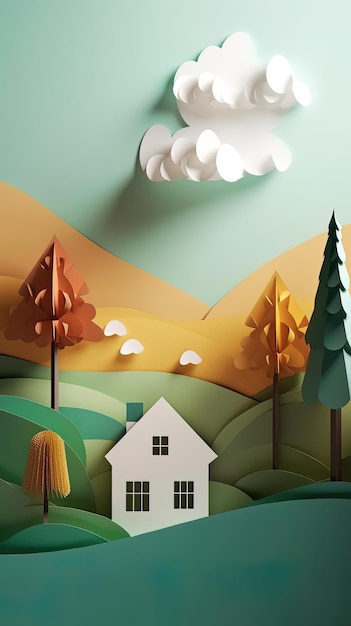 Illustrazione verticale di scena del paesaggio naturale di stile del taglio della carta della montagna del paesaggio della foresta del taglio della carta 3d verticale