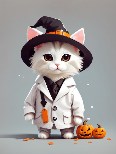 illustrazione vettore Halloween carino arte minimalista sfondo bianco simpatico personaggio gatto minuscolo