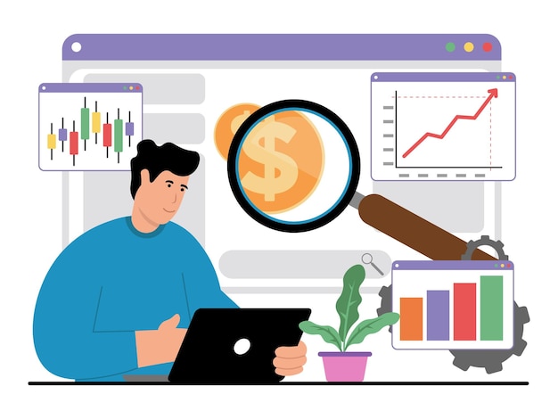 illustrazione vettoriale con il manager che cerca nuove idee per il business digitale