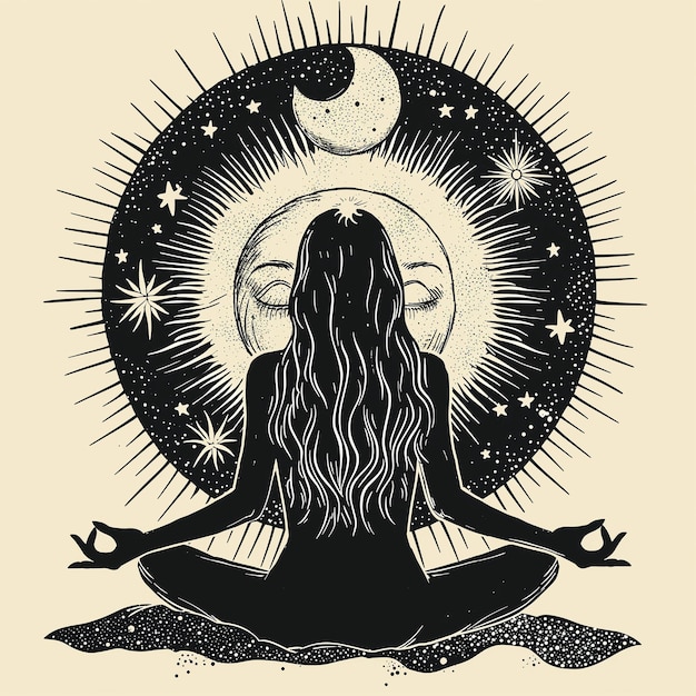 Illustrazione vettoriale con silhouette femminile in postura di meditazione Cartellino stampato di concetto di yoga e design di volantino