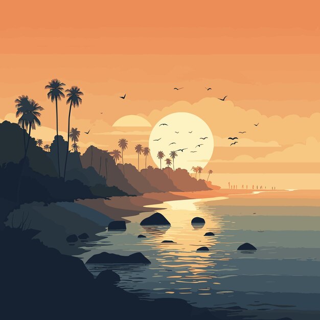 Illustrazione vettoriale con un semplice bellissimo paesaggio marino con spiaggia di palme e oceano sullo sfondo
