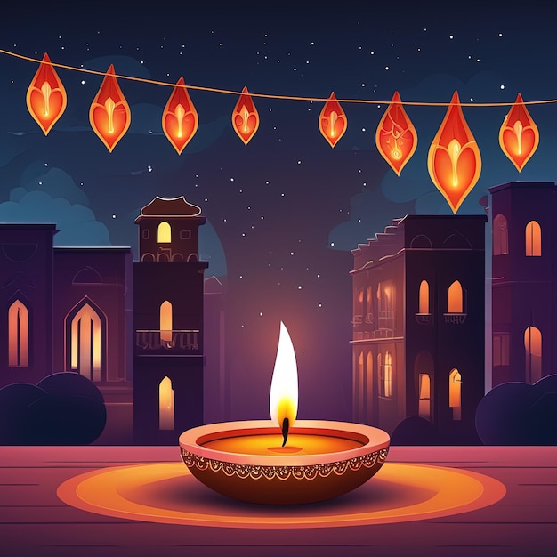 illustrazione vettoriale del biglietto di auguri felice eid mubarak con lanterne che bruciano candele e lanternsvec