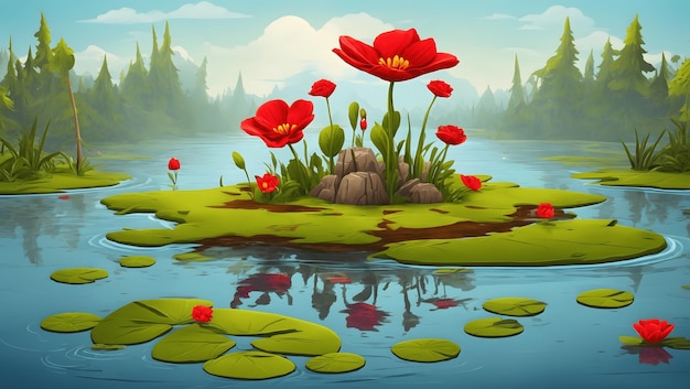 Illustrazione vettoriale del cartone animato il fiore scarlatto su un'isola in una palude sullo sfondo della foresta