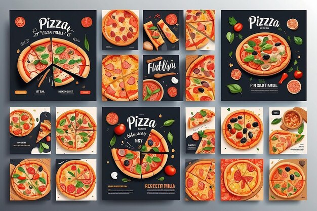 Illustrazione vettoriale del modello di pizza per i post sui social media alimentari Collezione di modelli di banner quadrati modificabili per i post alimentari