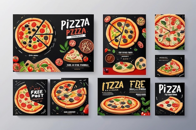 Illustrazione vettoriale del modello di pizza per i post sui social media alimentari Collezione di modelli di banner quadrati modificabili per i post alimentari