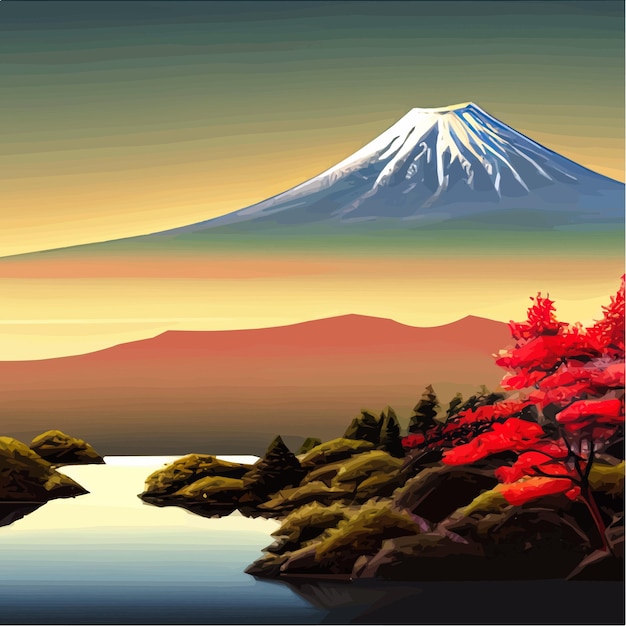 Illustrazione vettoriale del Monte Fuji giapponese con varietà di alberi Ideale per gli sport di viaggio o il design spirituale asiatico