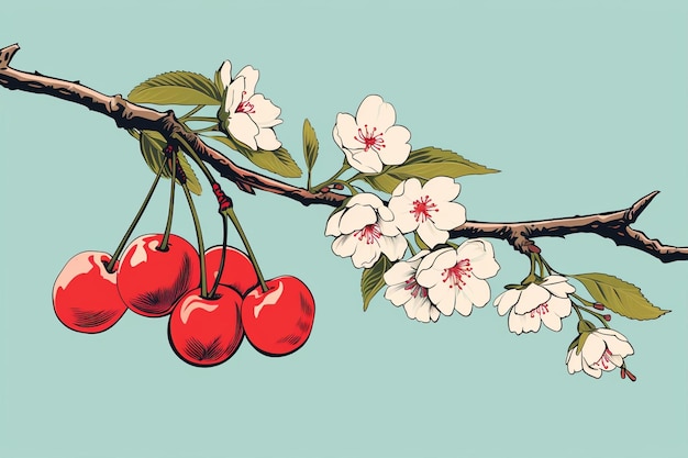 illustrazione vettoriale del ramo di ciliegio disegnato a mano