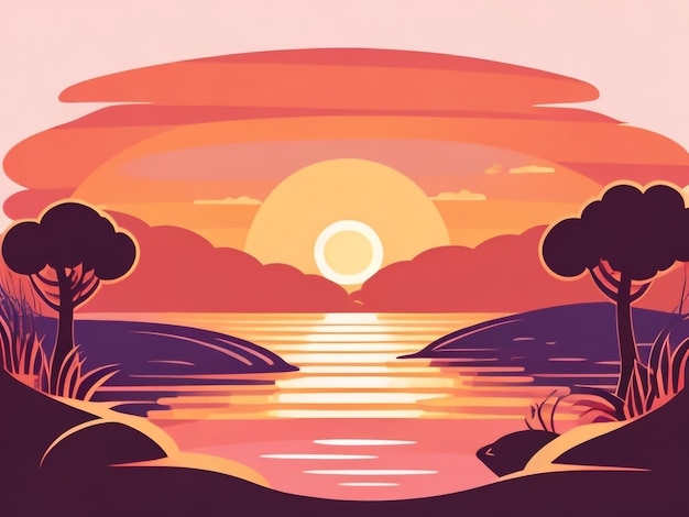 Illustrazione vettoriale del tramonto sul fiume