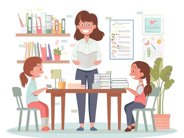 Illustrazione vettoriale dell'insegnante con gli studenti