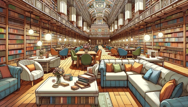 Illustrazione vettoriale dell'interno della biblioteca classica