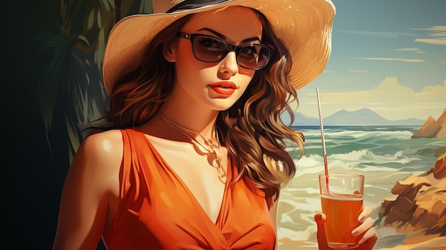 illustrazione vettoriale della ragazza con il cocktail sulla costa del mare