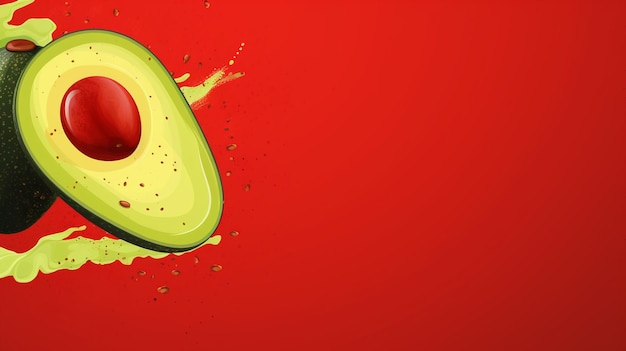 Illustrazione vettoriale di avocado con spruzzo di succo su uno sfondo rosso