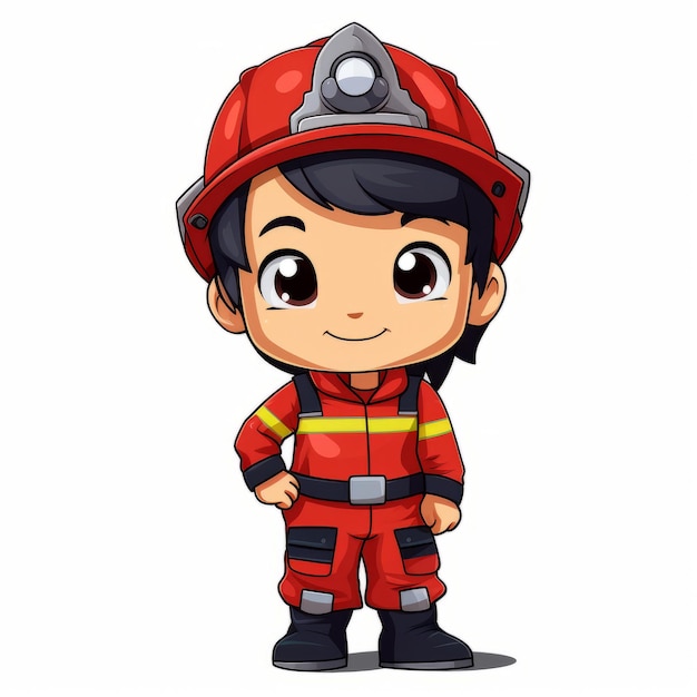 Illustrazione vettoriale di Cute little fireman boy in casco e uniforme