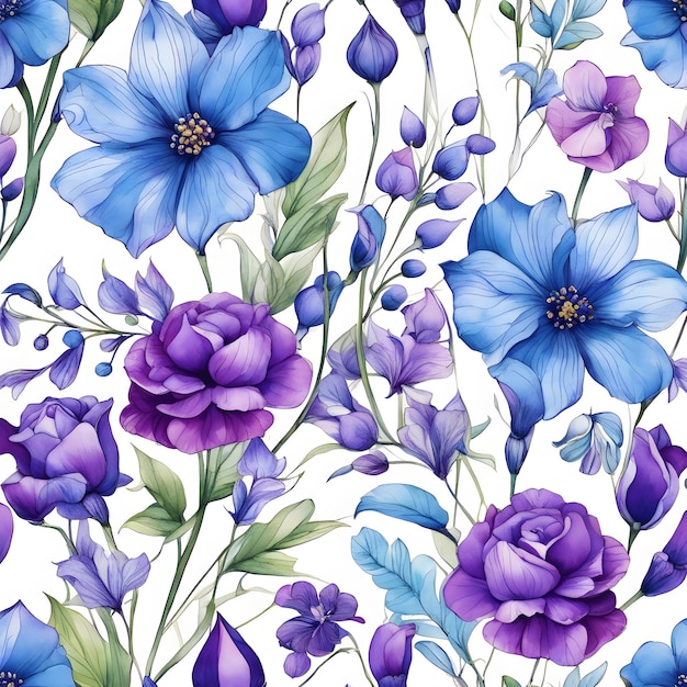 illustrazione vettoriale di fiori blu e viola acquerello non firmato in stile super realistico 2d