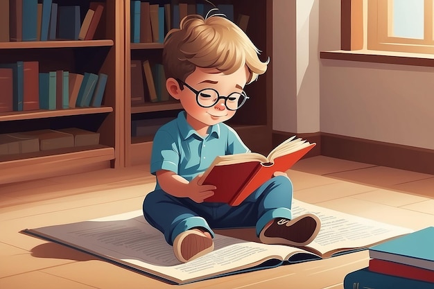 Illustrazione vettoriale di un bambino che legge un libro aperto seduto sul pavimento