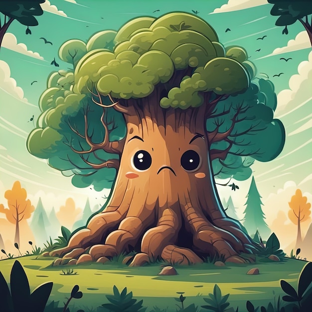 illustrazione vettoriale di un cartone animato di albero con un grosso tronco e un grande albero sullo sfondo vettoriale