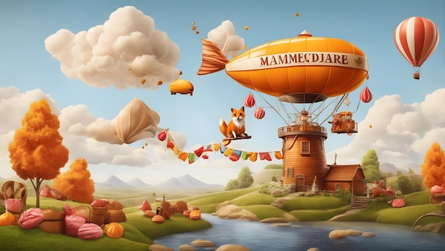 Illustrazione vettoriale di un paesaggio con un mulino di caramelle di marmellata e una volpe in dirigibile