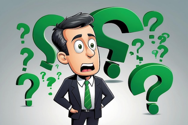 Illustrazione vettoriale di un uomo d'affari di cartoni animati ignaro che guarda tre punti interrogativi verdi sopra la testa