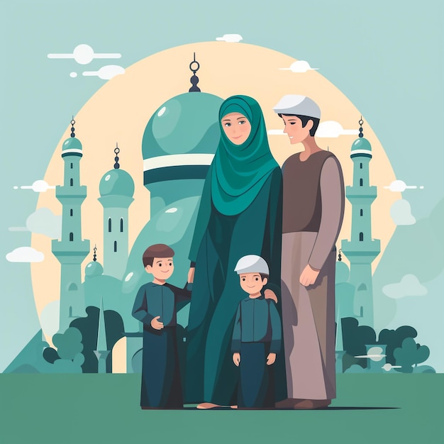 Illustrazione vettoriale di una coppia musulmana con sfondo di silhouette di moschea per l'Eid