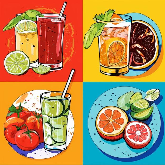 Illustrazione vettoriale di una serie di bevande estive Arancia pompelmo lime limone anguria
