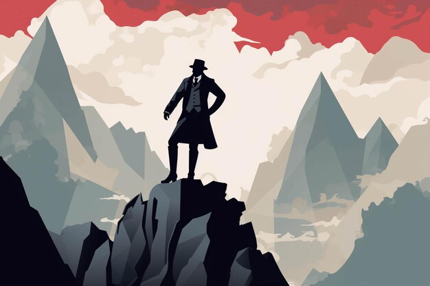 Illustrazione vettoriale di una silhouette di un uomo in cima a una montagna